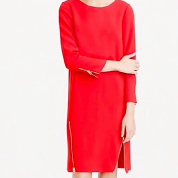 J. Crew Double Zipper Red Shift Dress 3/4 Sleeves  Sz 8 - Picture 1 of 12
